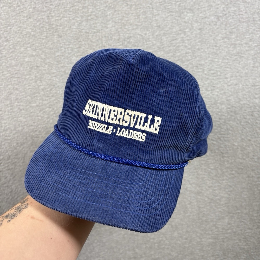 Vintage 90s Corduroy Rope Hat Skinnersville Muzzle Loaders Snapback Blue Otto